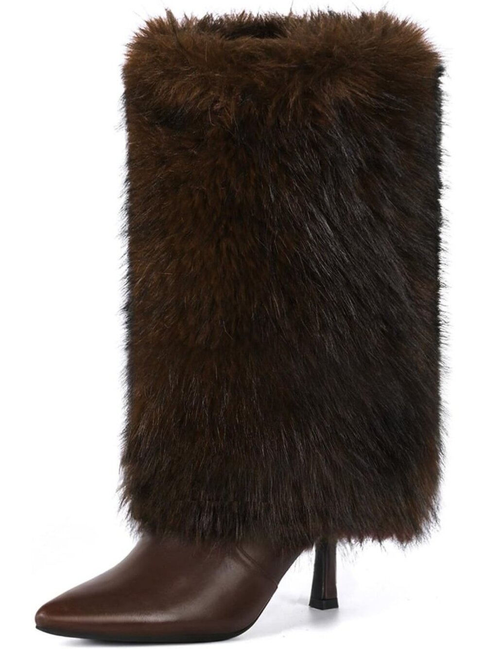 Women's Brown Kitten Heel Mid Calf Fur Boots Pointed Toe Short Boot Side Zip